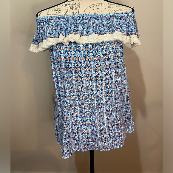 ROBERTA ROLLER RABBIT Lucia Fringe Off Shoulder Top Blue Tile Print sz S - Picture 5 of 8